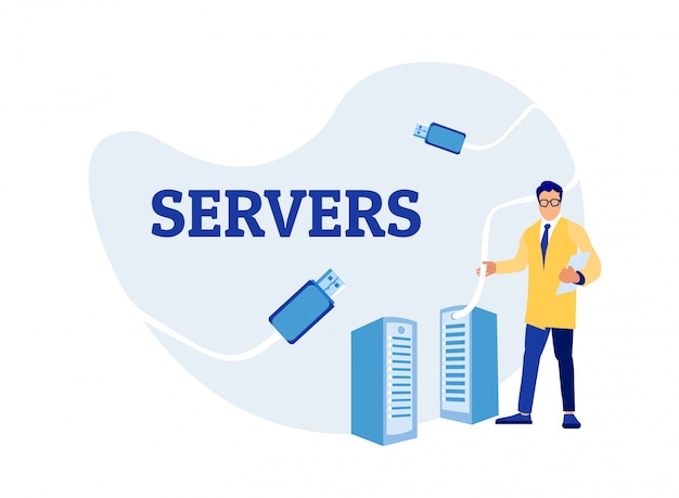 Sysadmin man engineer utilisation de server rack Vecteur Premium