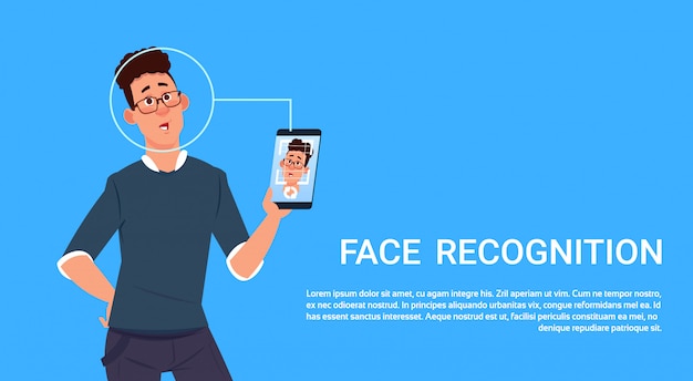 Système de contrôle d'accès biométrique avec concept de reconnaissance de visage à balayage de téléphone intelligent Vecteur Premium