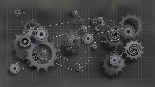 Système d'engrenages et de rouages travaillant avec une chaîne. engrenages noirs et rouages au tableau Vecteur Premium