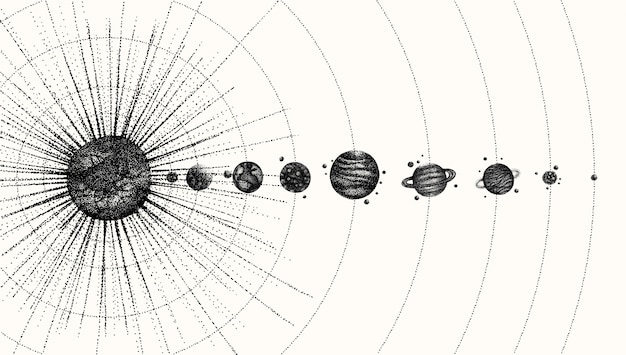 Systeme Solaire De Style Dotwork Planetes En Orbite Illustration Vintage Dessines A La Main Vecteur Premium