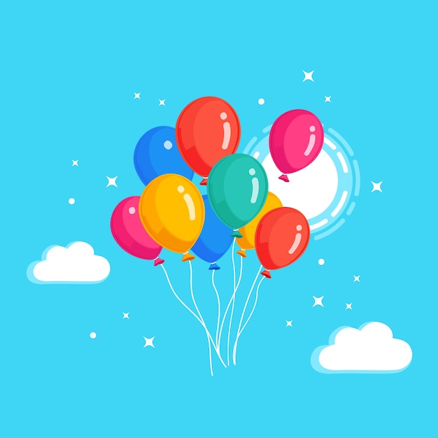 Tas De Ballon D Helium Boules D Air Volant Dans Le Ciel Avec Des Nuages Joyeux Anniversaire Concept De Vacances Decoration De Fete Vecteur Premium