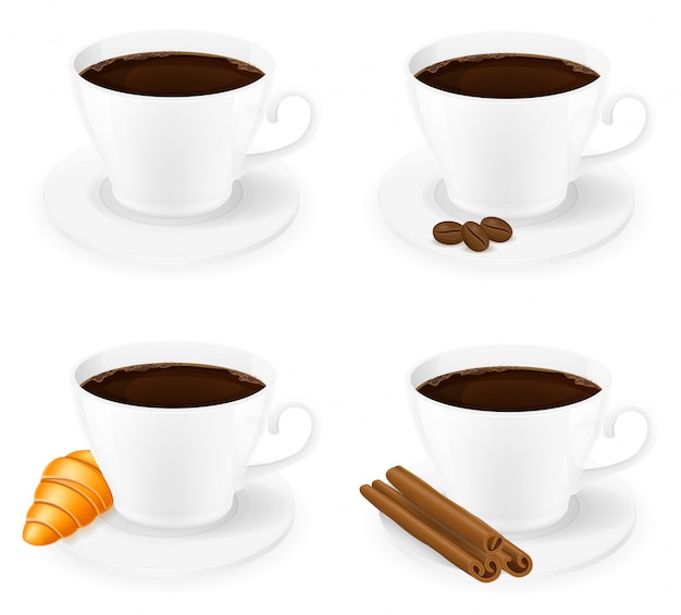 Tasse de café avec des bâtons de cannelle illustration vectorielle de grain et haricots vue de côté Vecteur Premium