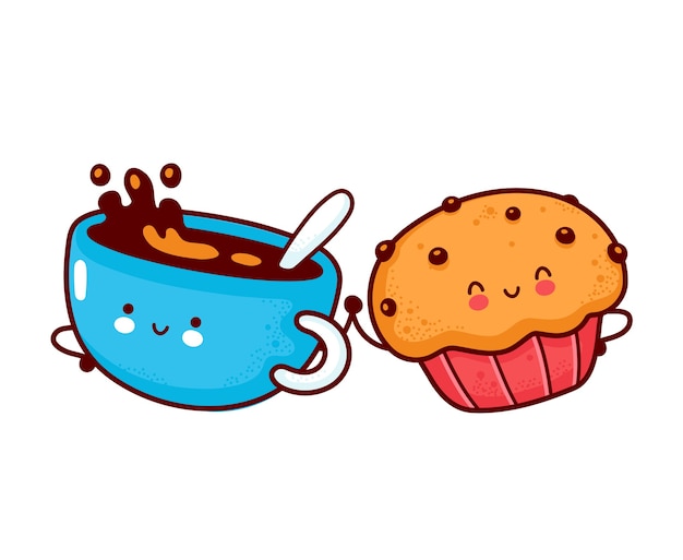 Tasse A Cafe Heureuse Mignonne Et Gateau Muffin Icone De Personnage Kawaii Dessin Anime Ligne Plate Illustration De Style Dessine A La Main Isole Sur Fond Blanc Vecteur Premium