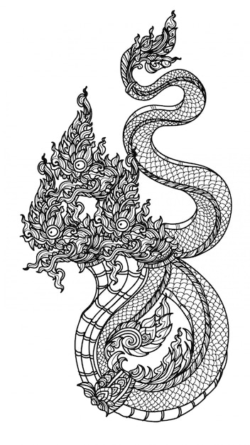 Tatouage Art Thailandais Serpent Motif Litterature Main Dessin Esquisse Vecteur Premium