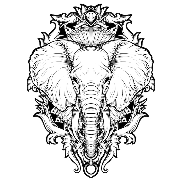 Tatouage Et T Shirt Design Noir Et Blanc Illustration Dessines A La Main Elephant Gravure Ornement Vecteur Premium