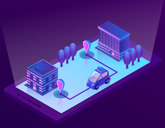 Technologie de voiture intelligente 3d isométrique pour smartphone, application pour appareil. navigation sans fil Vecteur gratuit