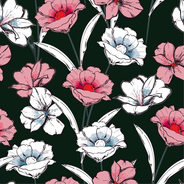 Tendance transparente motif croquis dessinés à la main fleurs épanouies dans la répétition florale de jardin Vecteur Premium
