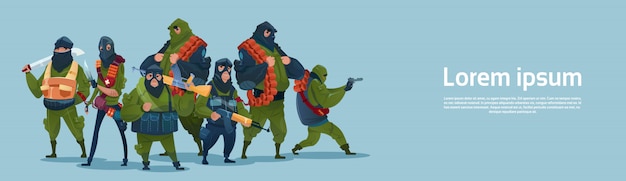 Terrorisme armé terroriste groupe masque noir arme mitrailleuse Vecteur Premium