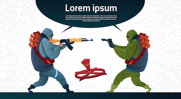 Terrorisme armé terroriste groupe masque noir arme mitrailleuse Vecteur Premium