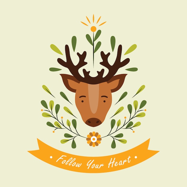 Tete De Cerf Mignon Avec Illustration Vectorielle Element Floral Et Citation Vecteur Premium