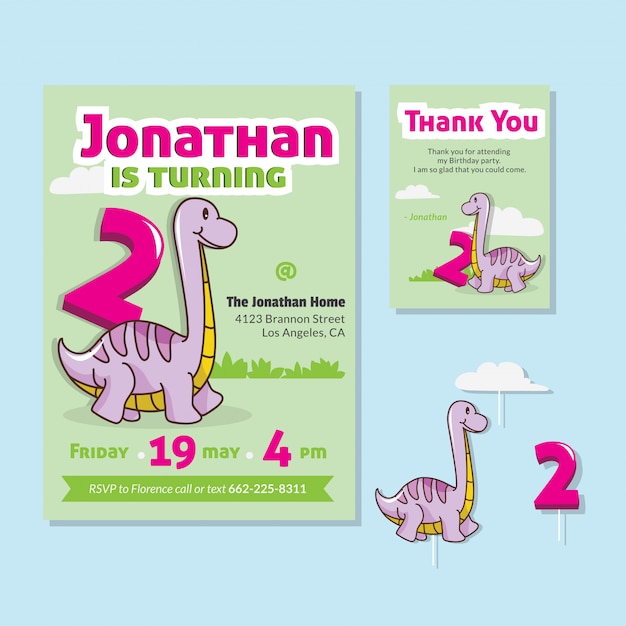 Theme De Dinosaure Mignon 2eme Carte D Invitation De Fete D Anniversaire Vecteur Premium