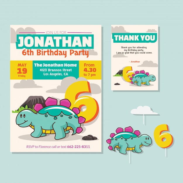 Theme De Dinosaure Mignon 6eme Carte D Invitation De Fete D Anniversaire Vecteur Premium