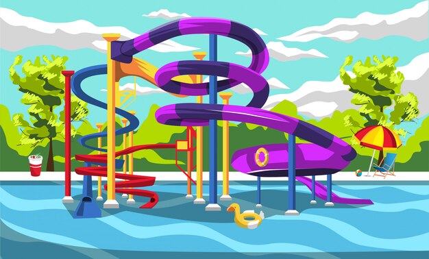 Thrill waterpark playground resort pour enfants avec toboggans et panorama vert Vecteur Premium