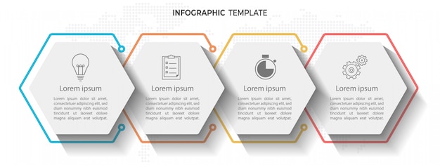 Timeline infographic 4 options d'hexagone. Vecteur Premium