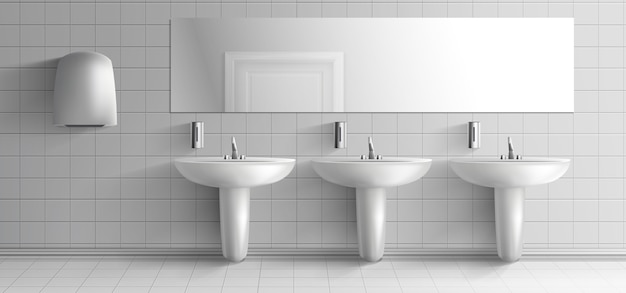 Toilette publique minimaliste 3d maquette vectorielle réaliste intérieur. rangée de lavabos en céramique avec robinet en métal, distributeurs de savon, séchoir à mains et long miroir sur une illustration de mur à plis blanc Vecteur gratuit