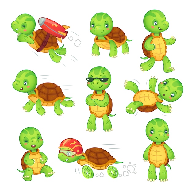 Tortue Enfant Execution De Personnages De Dessins Animes De Tortue Rapide Vecteur Premium