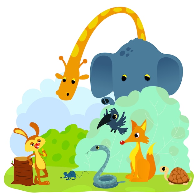 Tortue et le lièvre ou tortue et l'illustration vectorielle fable lapin. lapin défiant les animaux. Vecteur Premium