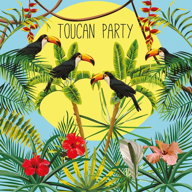 Toucan fête slogan banane palmier fleurs feuilles et soleil ciel Vecteur Premium