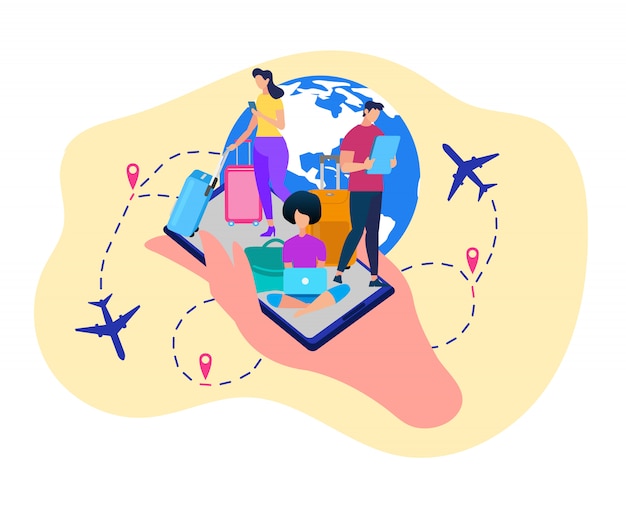Tourists with gadgets booking tickets vector Vecteur Premium
