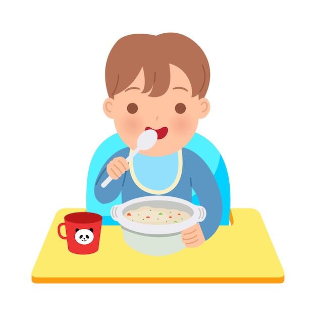 Tout Petit Garcon Assis Sur Une Chaise Bebe En Train De Manger Un Bol De Porridge Bonne Illustration Parentale Journee Mondiale Des Enfants Sur Fond Blanc Vecteur Premium