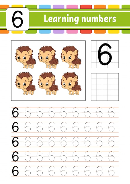 Trace et écrit. apprentissage numéro six Vecteur Premium