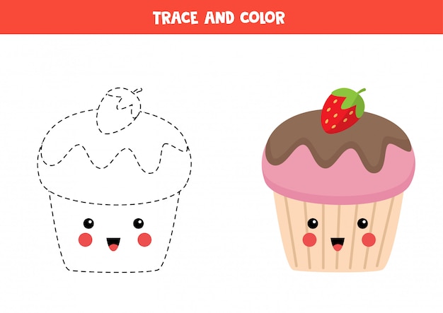 Tracez Et Coloriez Un Petit Gateau Kawaii Mignon Jeu De Coloriage Educatif Vecteur Premium