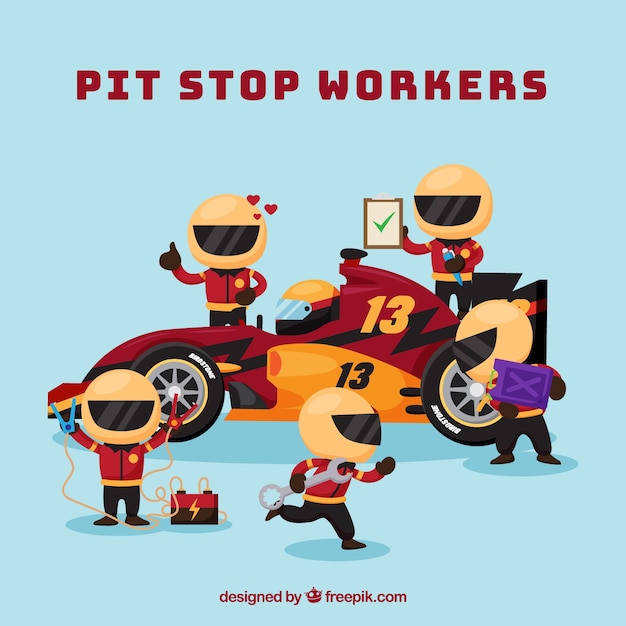 Travailleurs de la formule 1 pit stop avec un design plat Vecteur gratuit
