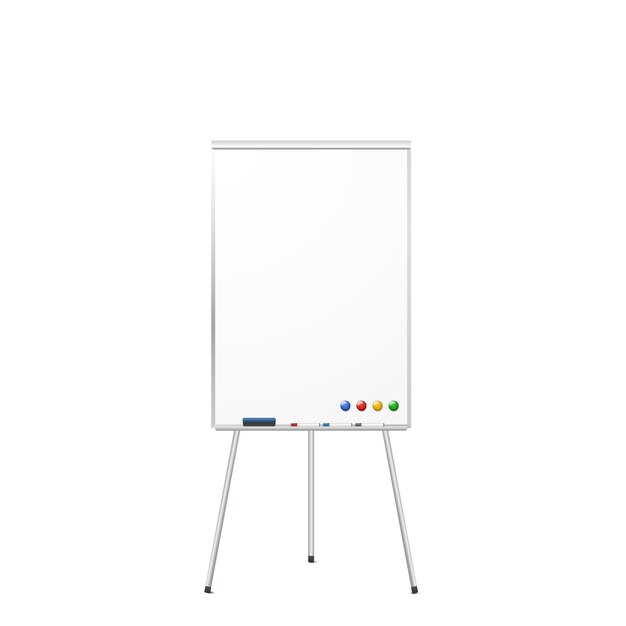 Trépied Magnétique Vide, Effacement Tableau Blanc Isolé Sur Blanc. Tableau à Feuilles Trépied Réaliste Avec Aimants, Gomme à Effacer Et Marqueurs. . Vecteur Premium