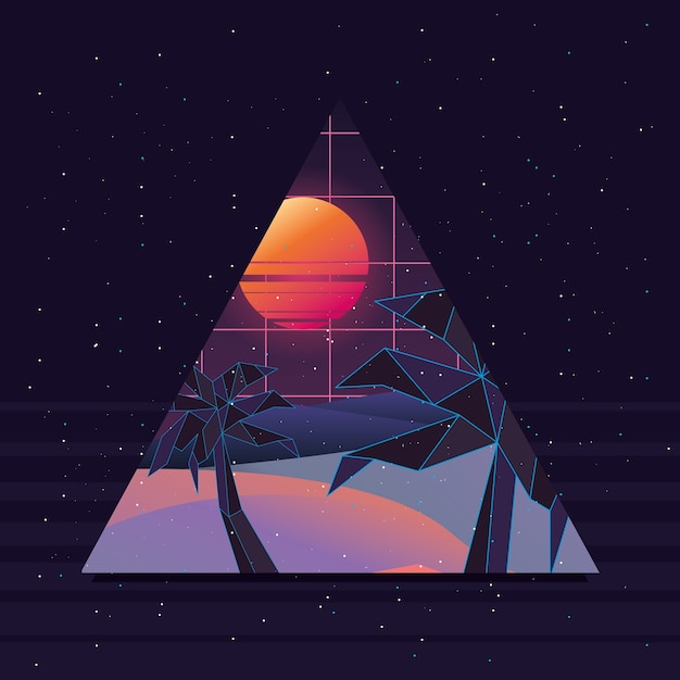 Triangle Avec Coucher De Soleil Plage Sur Fond Noir | Vecteur Premium