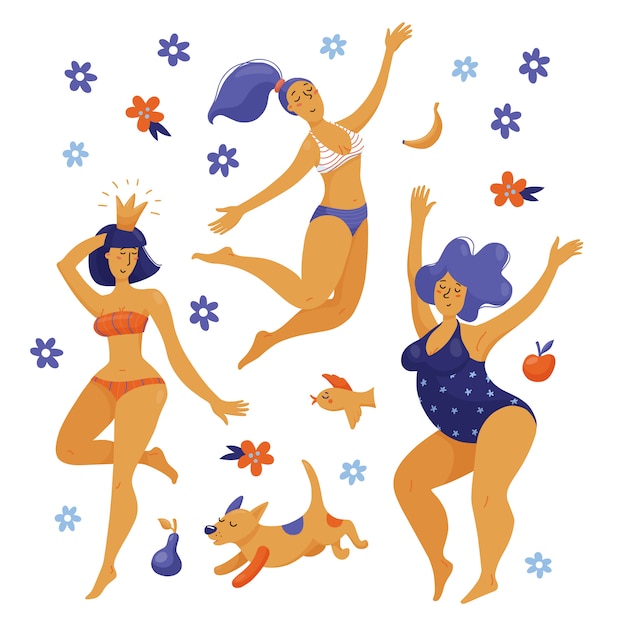 Trois femmes positives dansant du corps dansant, bikini Vecteur Premium