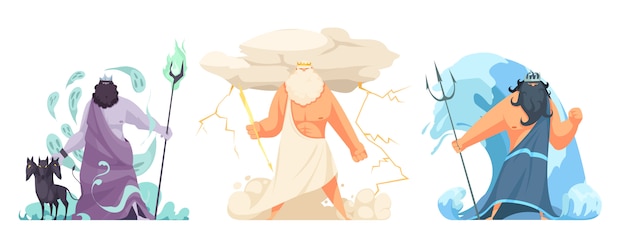Trois Puissants Anciens Dieux Grecs Freres Horizontaux Sertis De Hades Zeus Et Poseidon Cartoon Isole Vecteur Gratuite