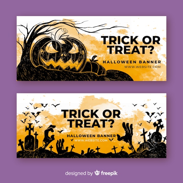 Tromper ou traiter des bannières d'aquarelle halloween Vecteur gratuit