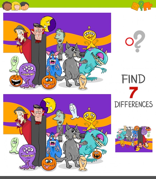 Trouver des différences entre les images jeu éducatif avec des personnages d'halloween Vecteur Premium