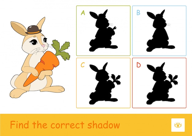 Trouvez Le Bon Quiz Sur Les Ombres Pour Apprendre Le Jeu Des Enfants Avec Un Lapin Mignon Tenant Une Carotte Et Quatre Ombres De Silhouette Pour Les Plus Jeunes Enfants Vecteur