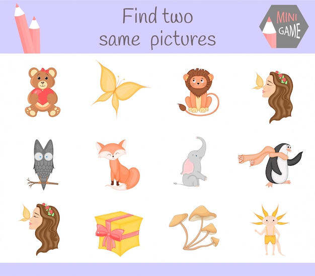 Trouvez deux mêmes images. cartoon vector illustration activité éducative pour les enfants d'âge préscolaire. Vecteur Premium