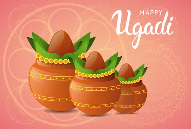 Ugadi et gudi padwa, nouvel an hindou, carte de voeux, pot de vacances avec noix de coco Vecteur Premium