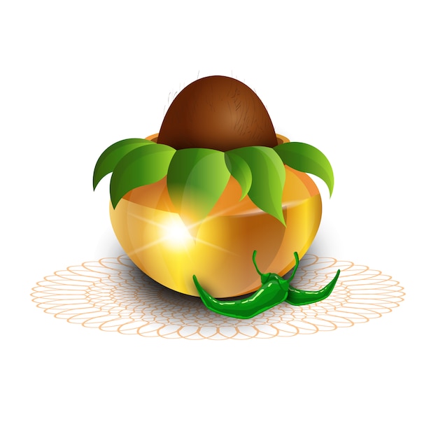 Ugadi et gudi padwa, nouvel an hindou, carte de voeux, pot de vacances avec noix de coco Vecteur Premium
