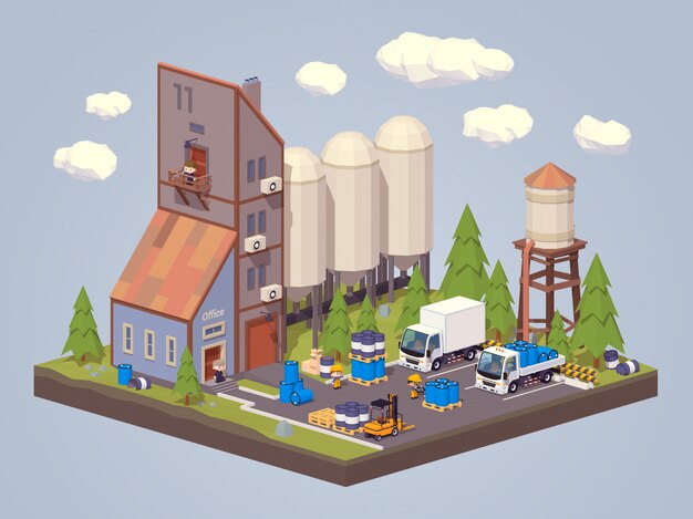 Usine De Silo Stockage Isometrique Des Liquides 3d Lowpoly Vecteur Premium