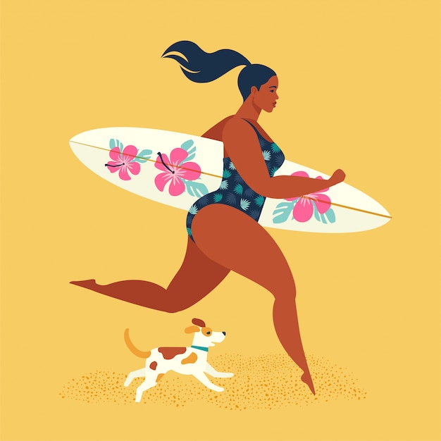 Vacances d'été. fille surfeuse en cours d'exécution avec un chien. Vecteur Premium