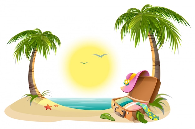 Vacances A La Plage Pendant Les Vacances D Ete Soleil Tropical Mer Palmiers Sable Et Valise Ouverte Vecteur Premium