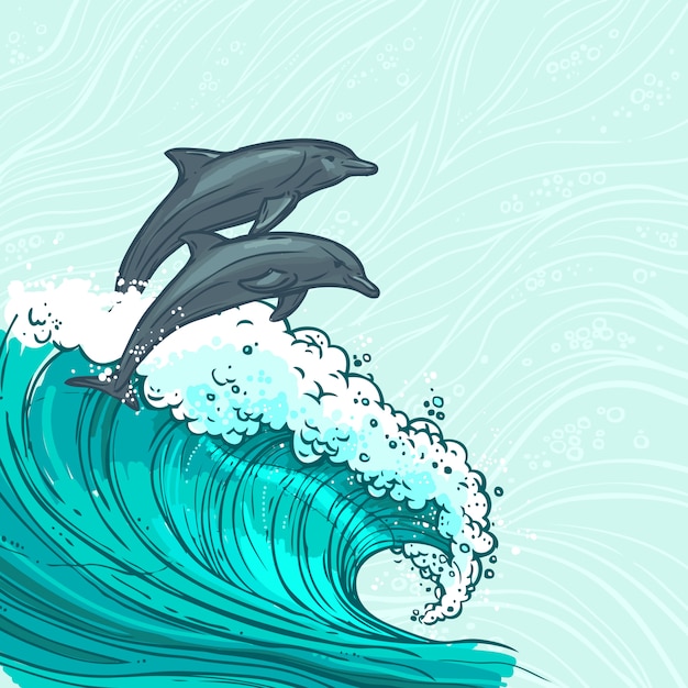 Vagues De La Mer Avec Illustration De Dauphins Vecteur Gratuite