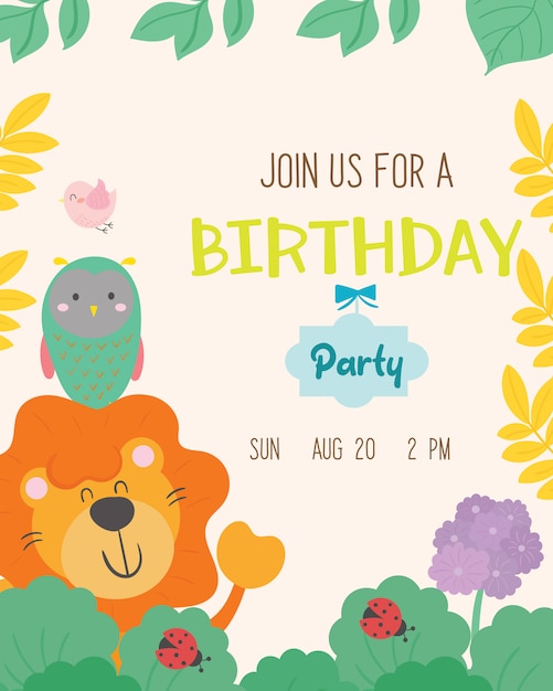 Vecteur De Carte D Invitation De Fete D Anniversaire Mignon Theme Animal Vecteur Premium