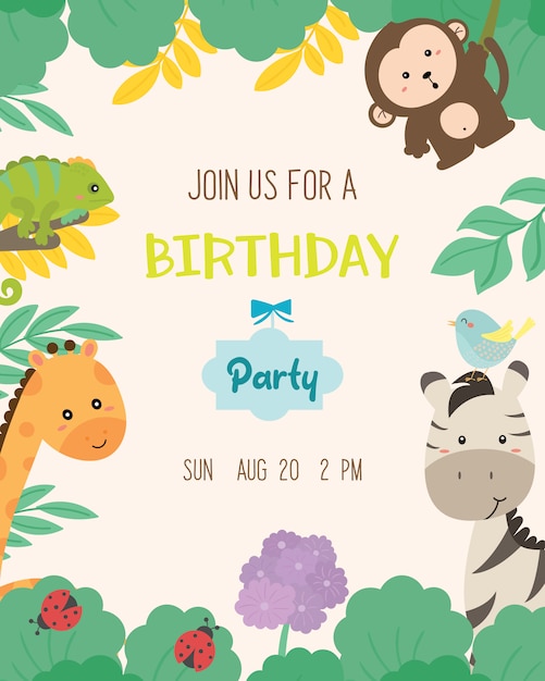 Vecteur De Carte D Invitation De Fete D Anniversaire Mignon Theme Animal Vecteur Premium