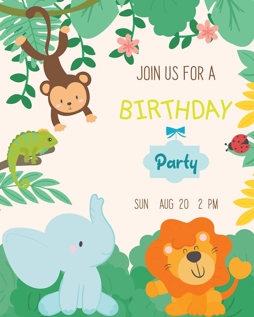 Vecteur De Carte D Invitation De Fete D Anniversaire Mignon Theme Animal Vecteur Premium