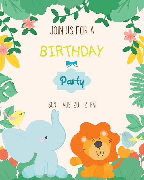 Vecteur De Carte D Invitation De Fete D Anniversaire Mignon Theme Animal Vecteur Premium