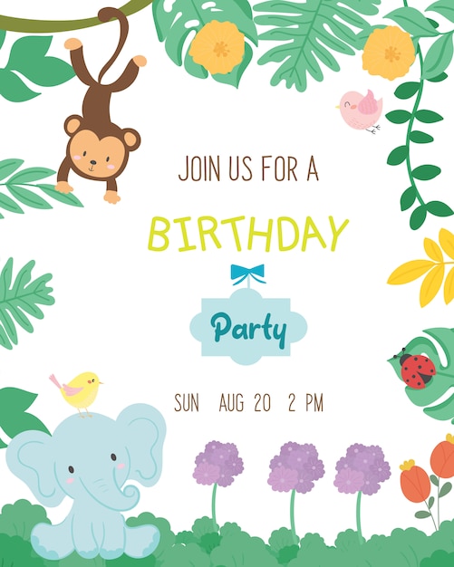 Vecteur De Carte D Invitation De Fete D Anniversaire Mignon Theme Animal Vecteur Premium