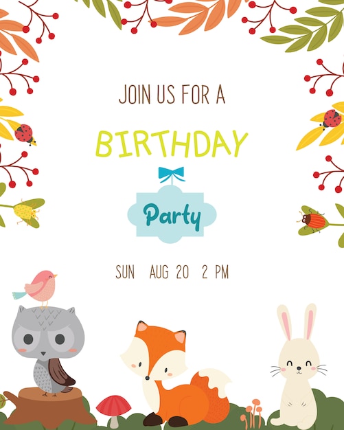 Vecteur De Carte D Invitation De Fete D Anniversaire Mignon Theme Animal Vecteur Premium