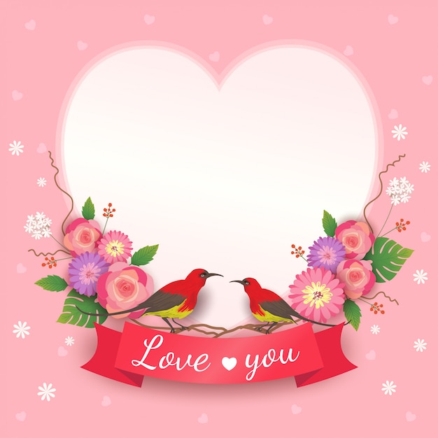 Vecteur De La Carte De Saint Valentin Avec Bouquet De Fleurs Et Oiseaux Amoureux Sur Cadre Coeur Vecteur Premium