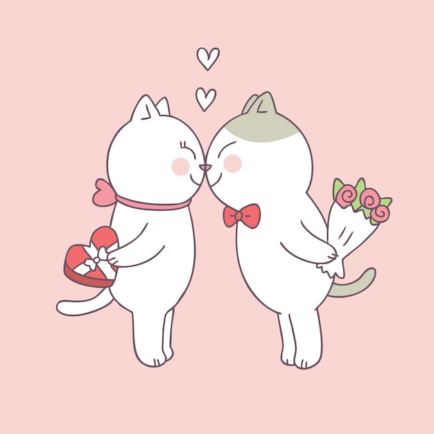 Vecteur De Chats De Dessin Anime Mignon Saint Valentin Couple Vecteur Premium