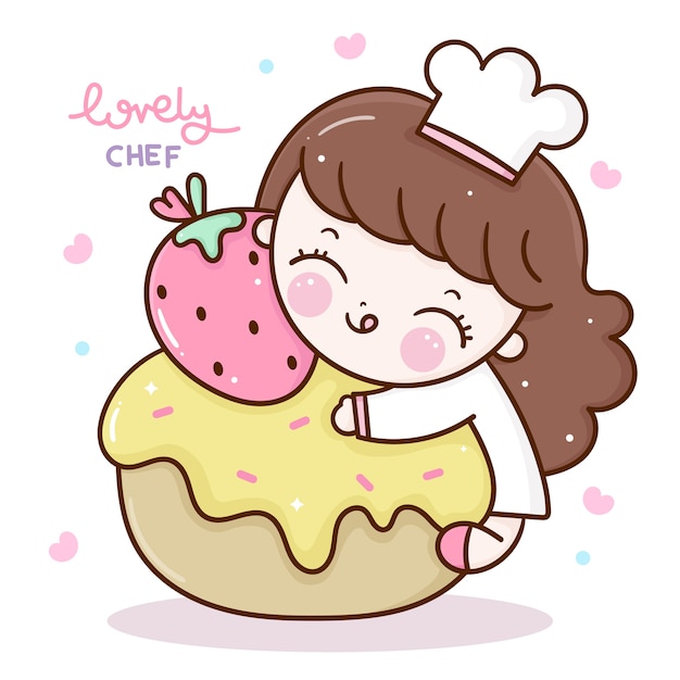 Vecteur De Chef Mignon Fille Avec Personnage Kawaii De Dessin Anime De Petit Gateau Vecteur Premium